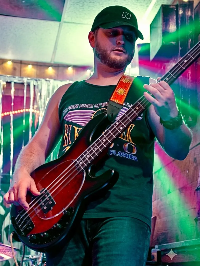 Bassist in a cap under green and pink stage light