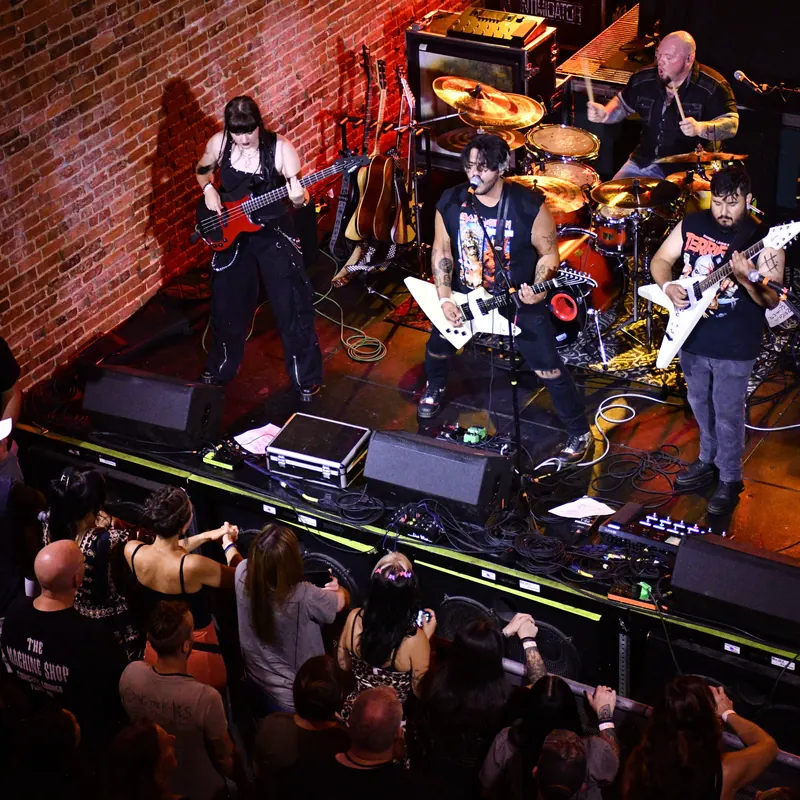 Overhead view of Adam Answer on stage with the crowd below